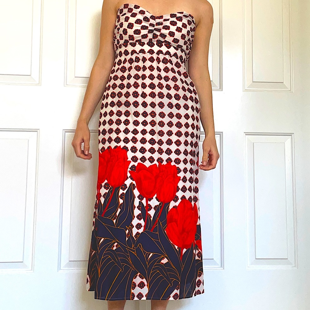 Anthropologie strapless flower print maxi dress